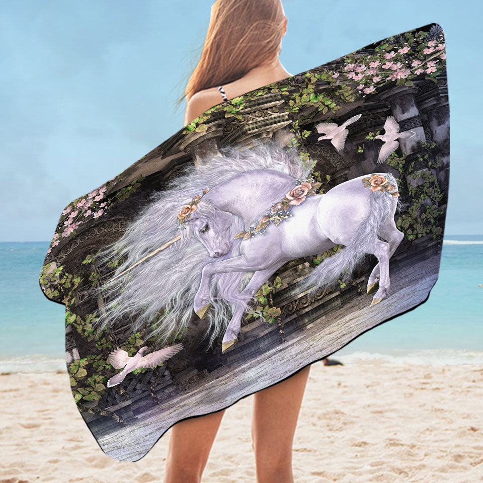 Noble and Graceful White Horse and Doves Pool Towels for Girls