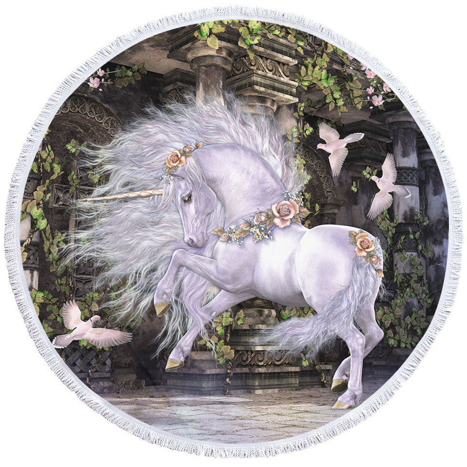 Noble and Graceful White Horse and Doves Round beach Towel for Girls