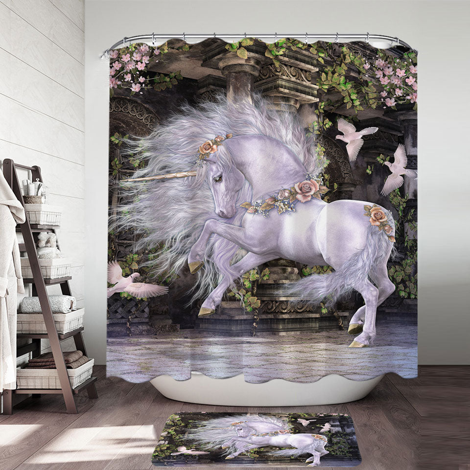 Noble and Graceful White Horse and Doves Shower Curtains for Girls