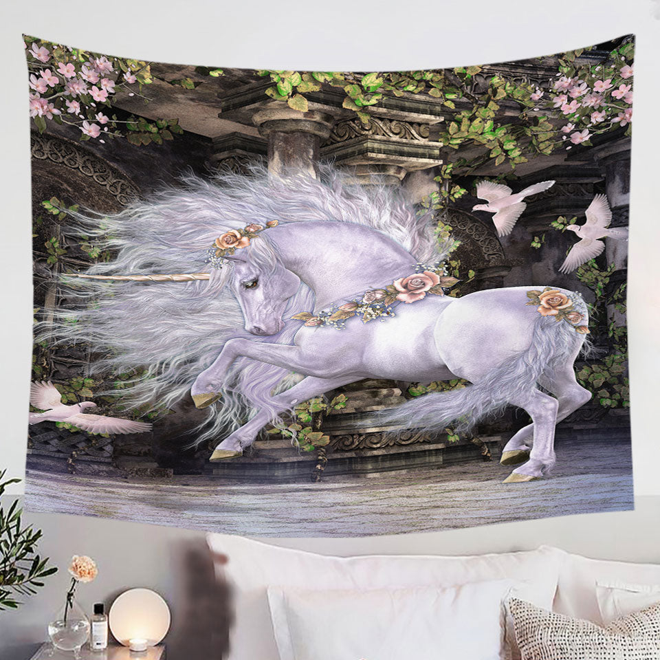 Noble-and-Graceful-White-Horse-and-Doves-Wall-Decor-Tapestries-for-Girls