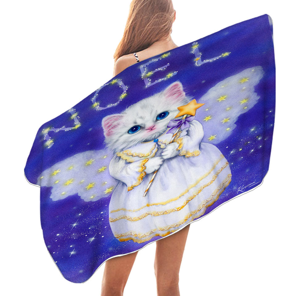 Noel White Kitten Holiday Angel Beach Towels