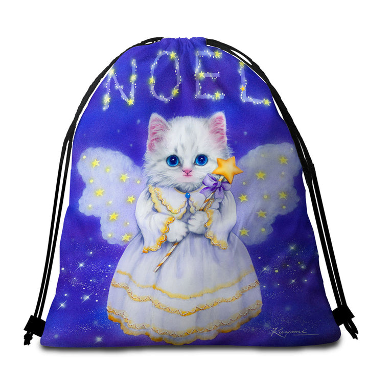 Noel White Kitten Holiday Angel Picnic Beach Towels and Bags Set