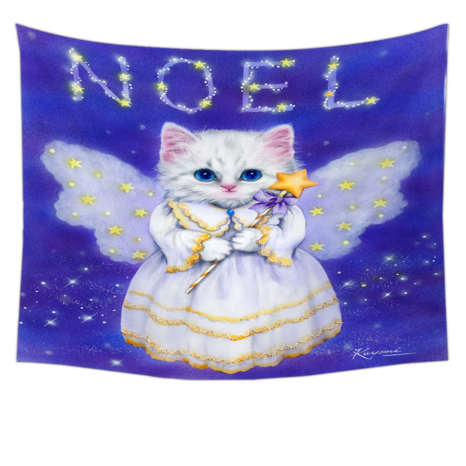 Noel White Kitten Holiday Angel Tapestry Wall Decor