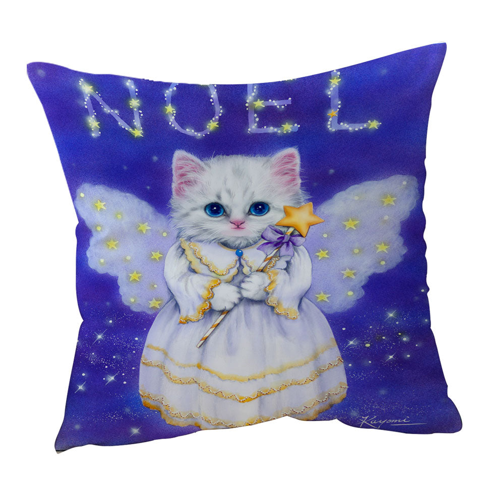 Noel White Kitten Holiday Angel Throw Pillow
