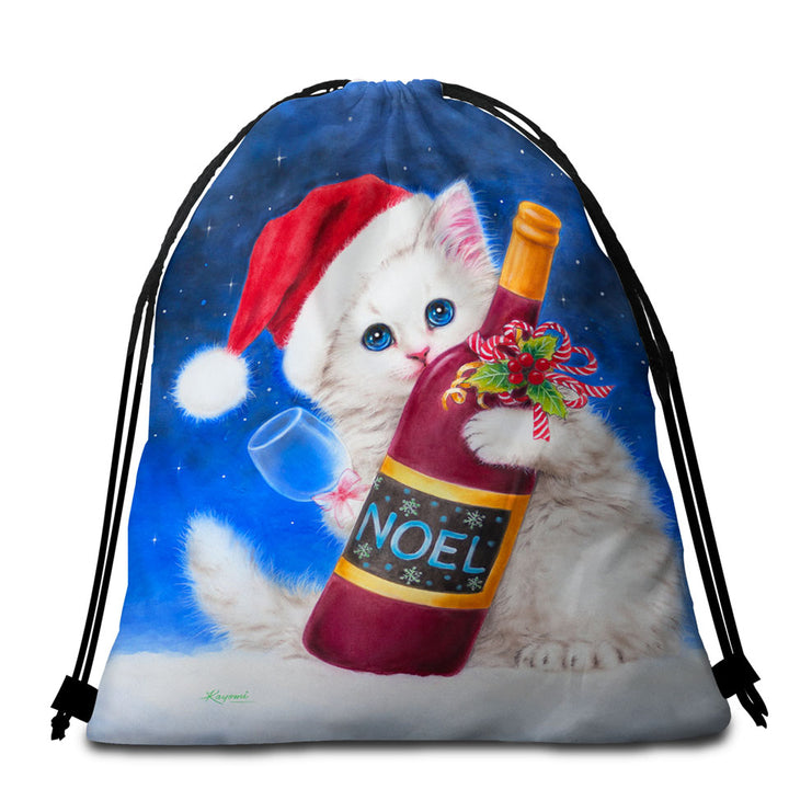 Noel Wine White Kitten Ready for Christmas Beach Towel Bags