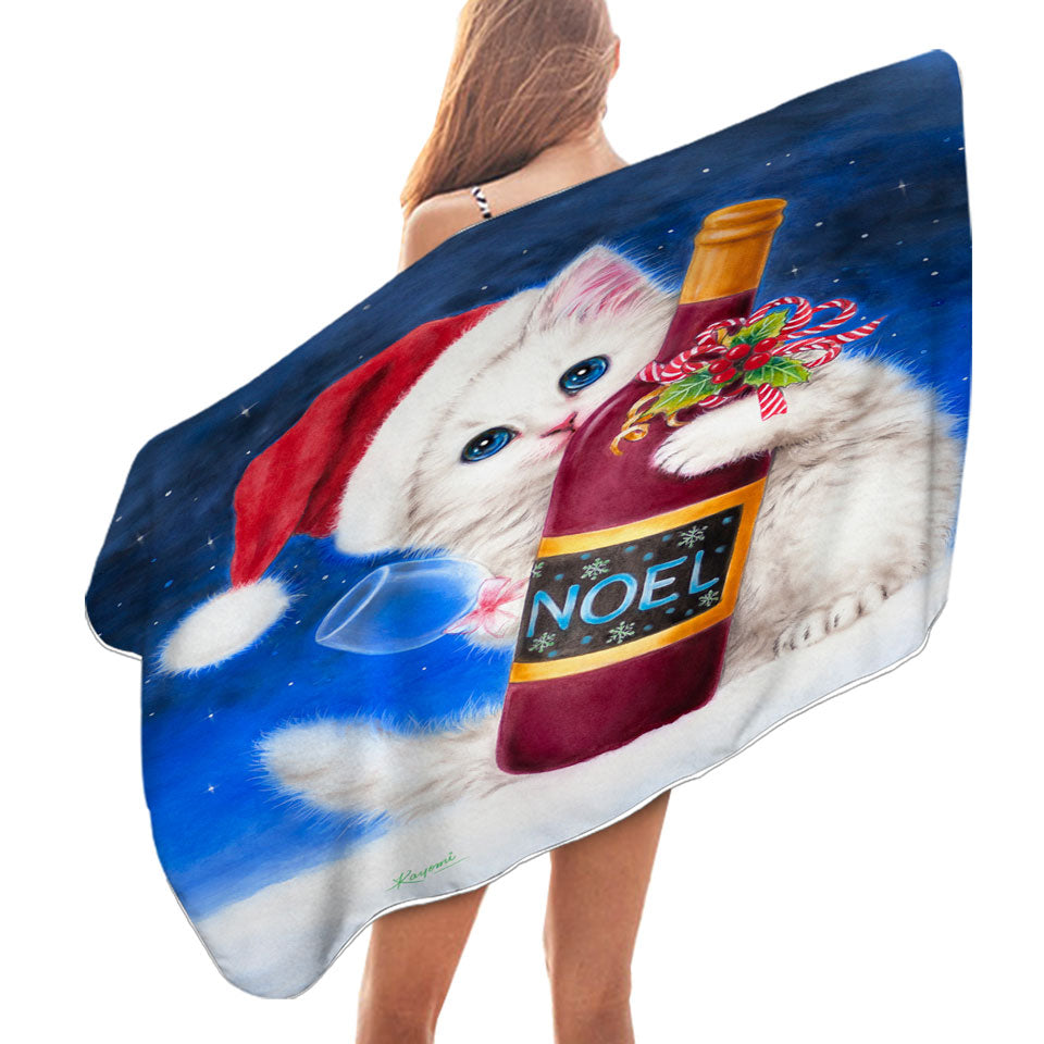 Noel Wine White Kitten Ready for Christmas Beach Towels On Sale