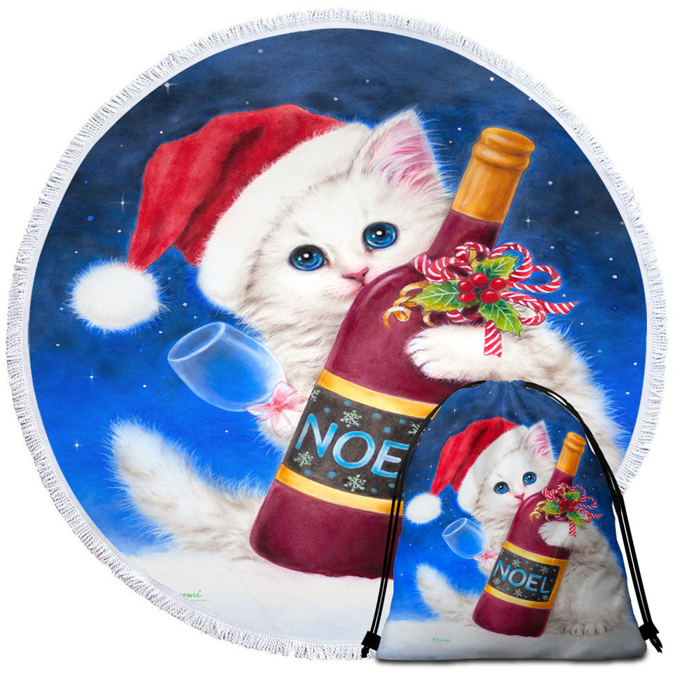 Noel Wine White Kitten Ready for Christmas Beach Towels and Bags Set