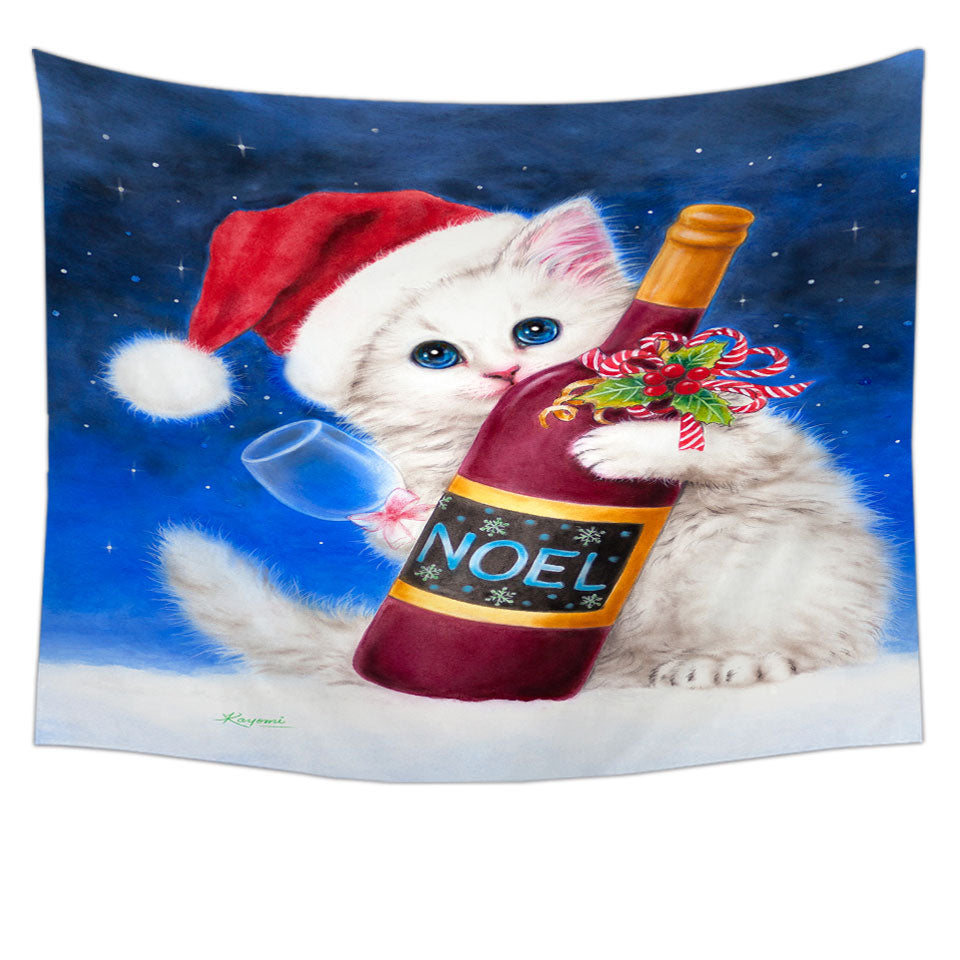 Noel Wine White Kitten Ready for Christmas Hanging Fabric On Wall
