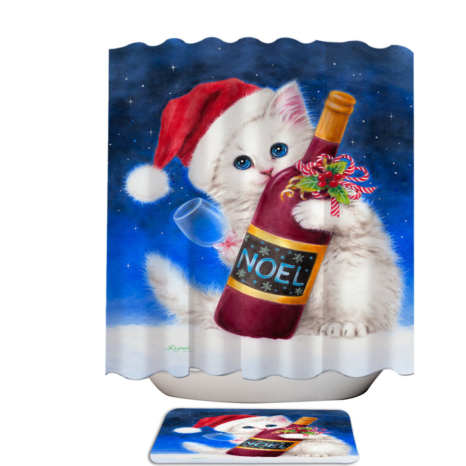 Noel Wine White Kitten Ready for Christmas Shower Curtains made of Fabric
