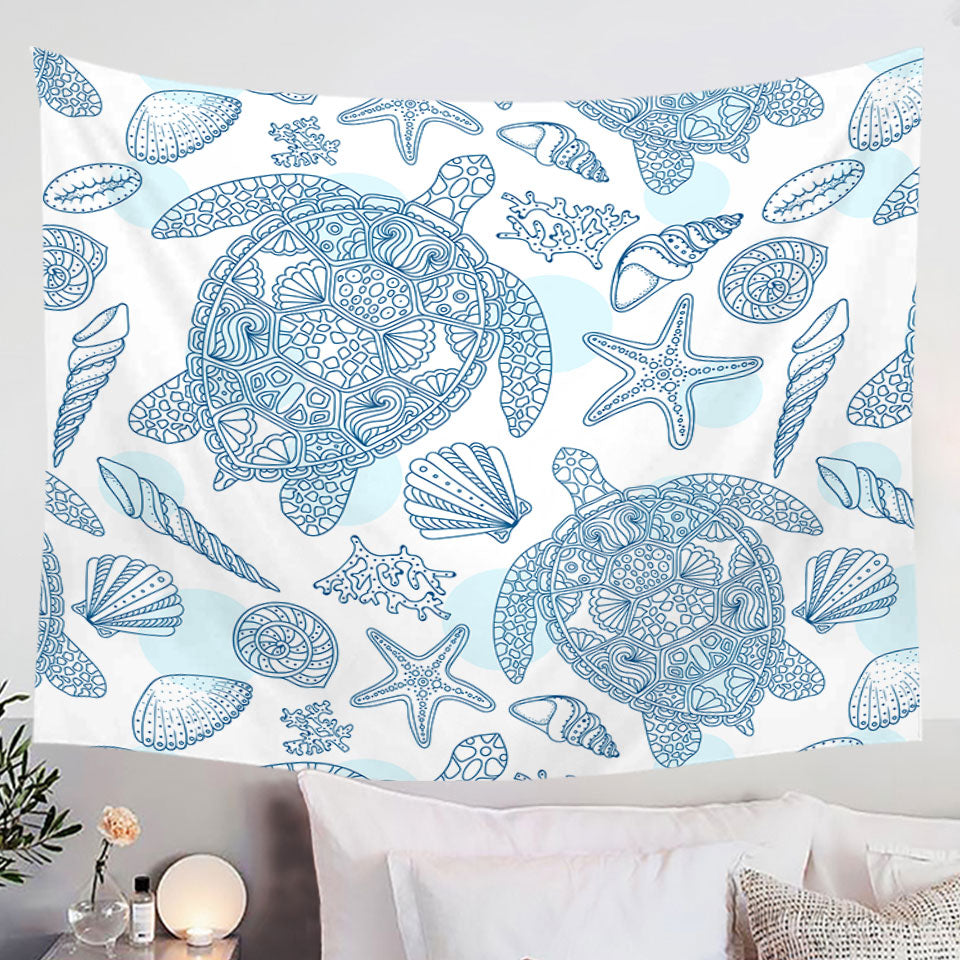Ocean Drawing Wall Decor Turtles and Seashells Tapestry