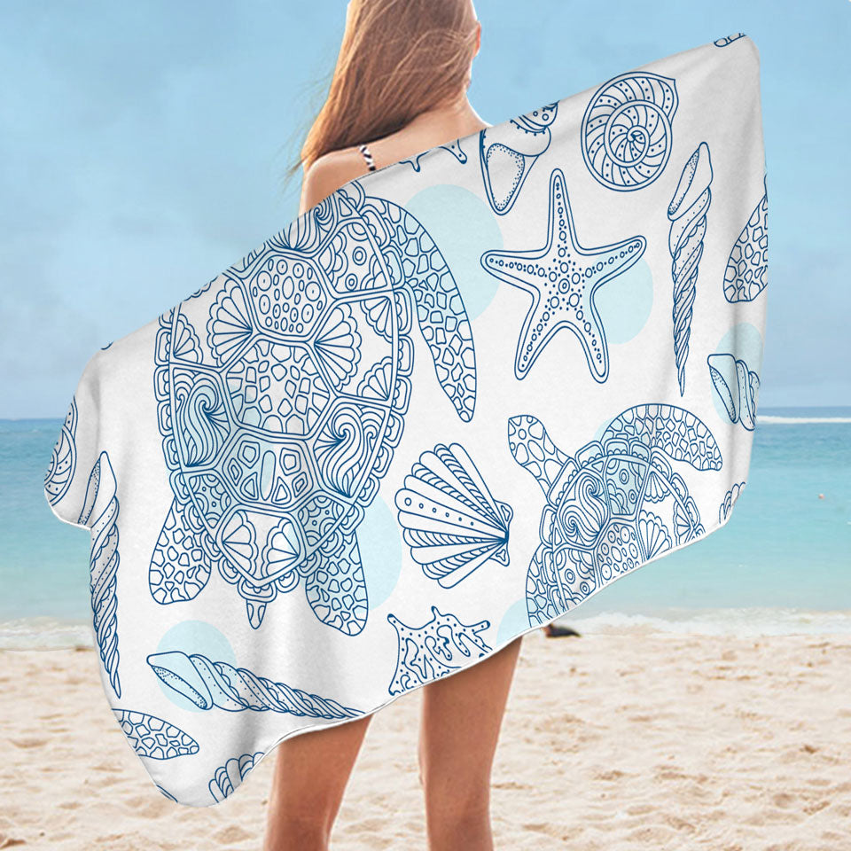 Ocean Themed Beach Towels Drawing Turtles and Seashells