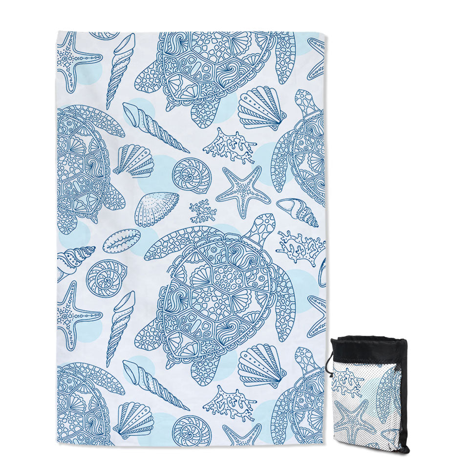 Ocean Themed Beach Towels for Travel Drawing Turtles and Seashells