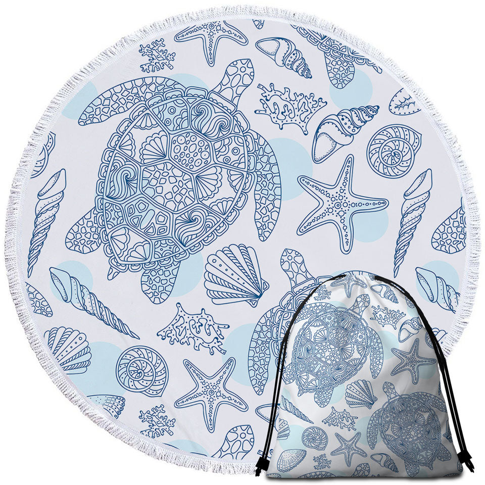 Ocean Themed Round Beach Towels Drawing Turtles and Seashells