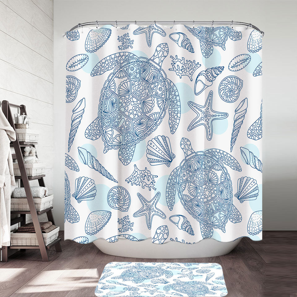 Ocean Themed Shower Curtains Drawing Turtles and Seashells