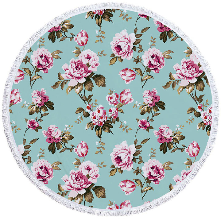 Old Style Pink Roses Round Beach Towel
