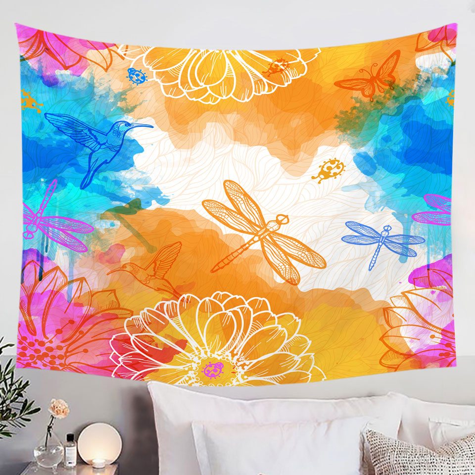 Orange Blue Wall Decor Tapestry Dragonflies and Hummingbirds
