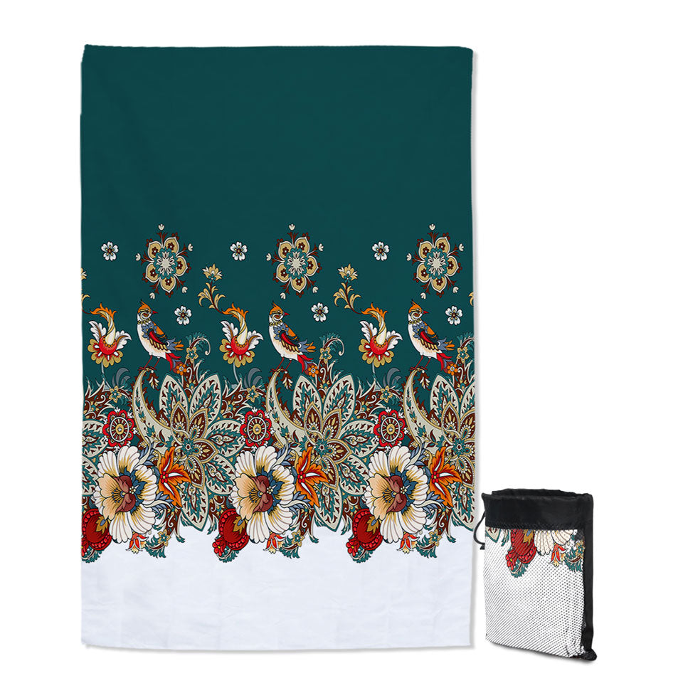 Oriental Art Beach Towel Birds Flowers and Floral Mandalas
