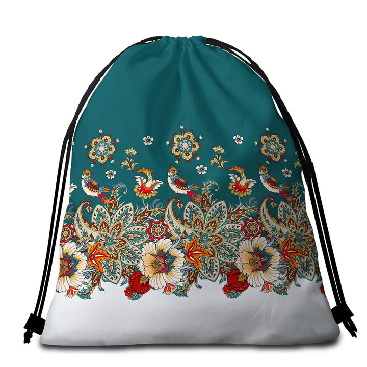 Oriental Art Beach Towel Pack Birds Flowers and Floral Mandalas