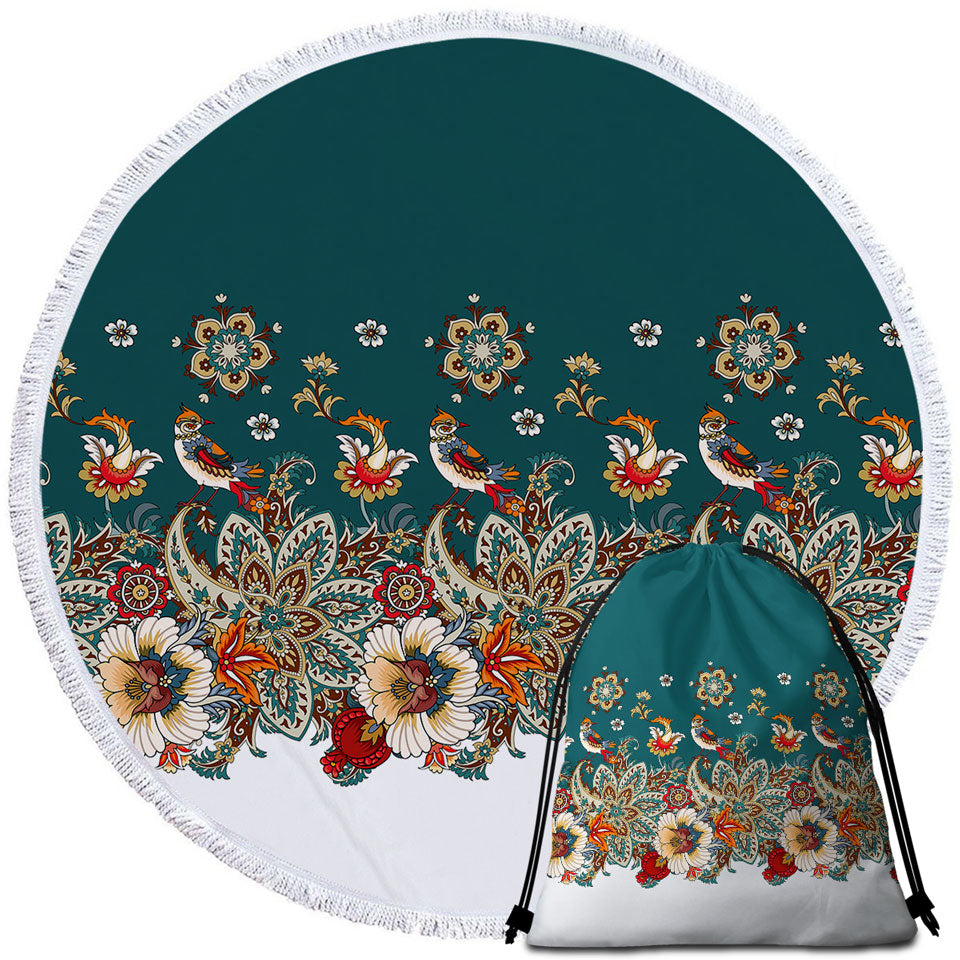 Oriental Art Beach Towels and Bags Set Birds Flowers and Floral Mandalas