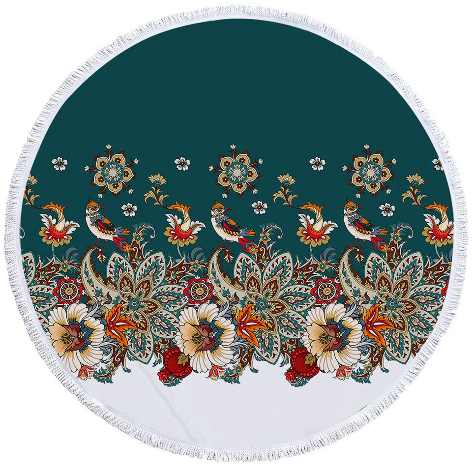 Oriental Art Round Beach Towel Birds Flowers and Floral Mandalas