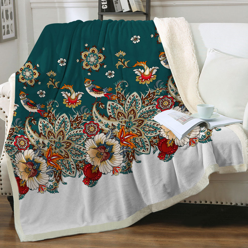 Oriental Art Throw Blanket Birds Flowers and Floral Mandalas