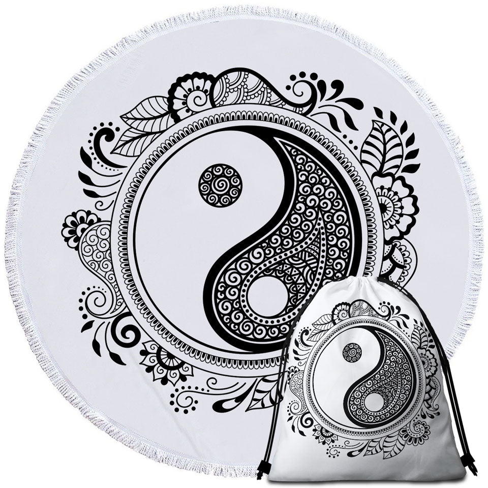 Oriental Prints on Yin and Yang Circle Beach Towel