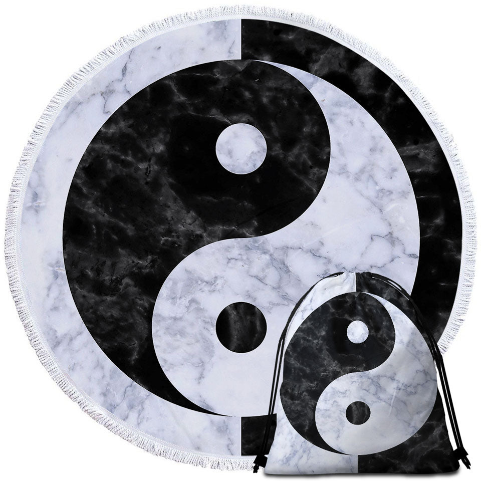 Oriental Yin and Yan Circle Beach Towel Black and White Marble