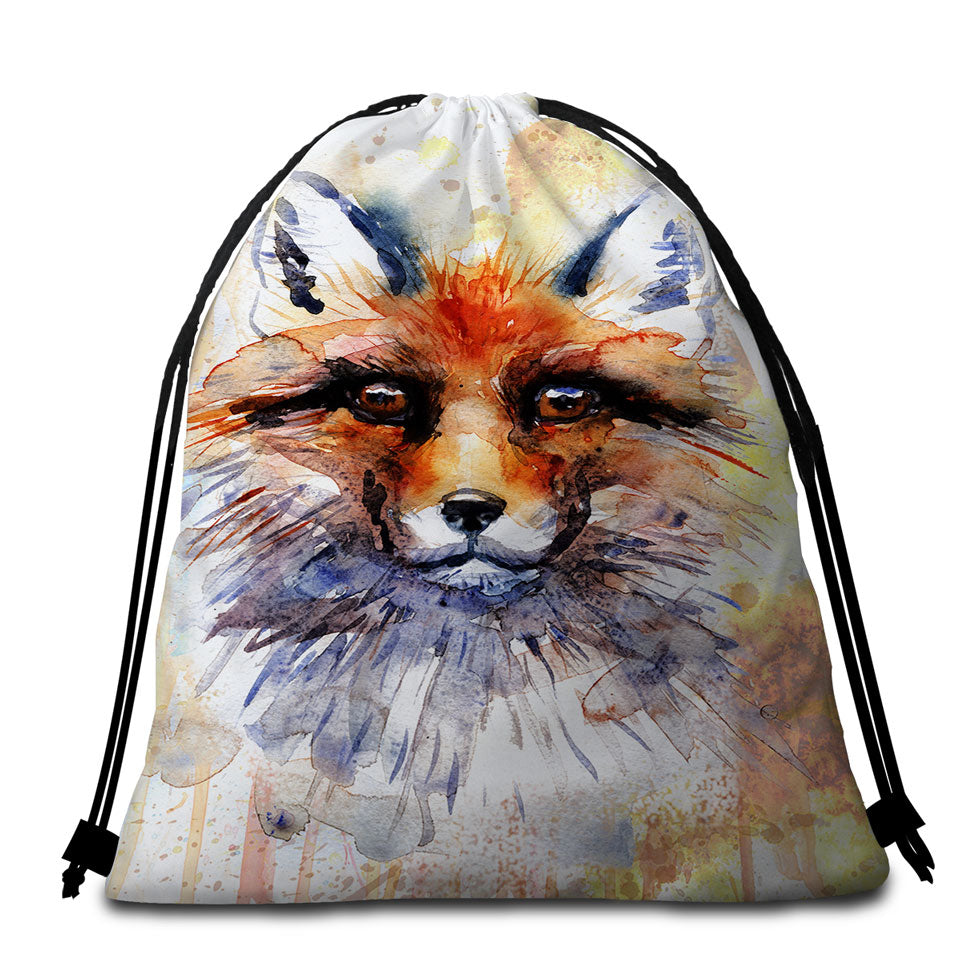 Packable Beach Towel Features Watercolor Art Painting Fox