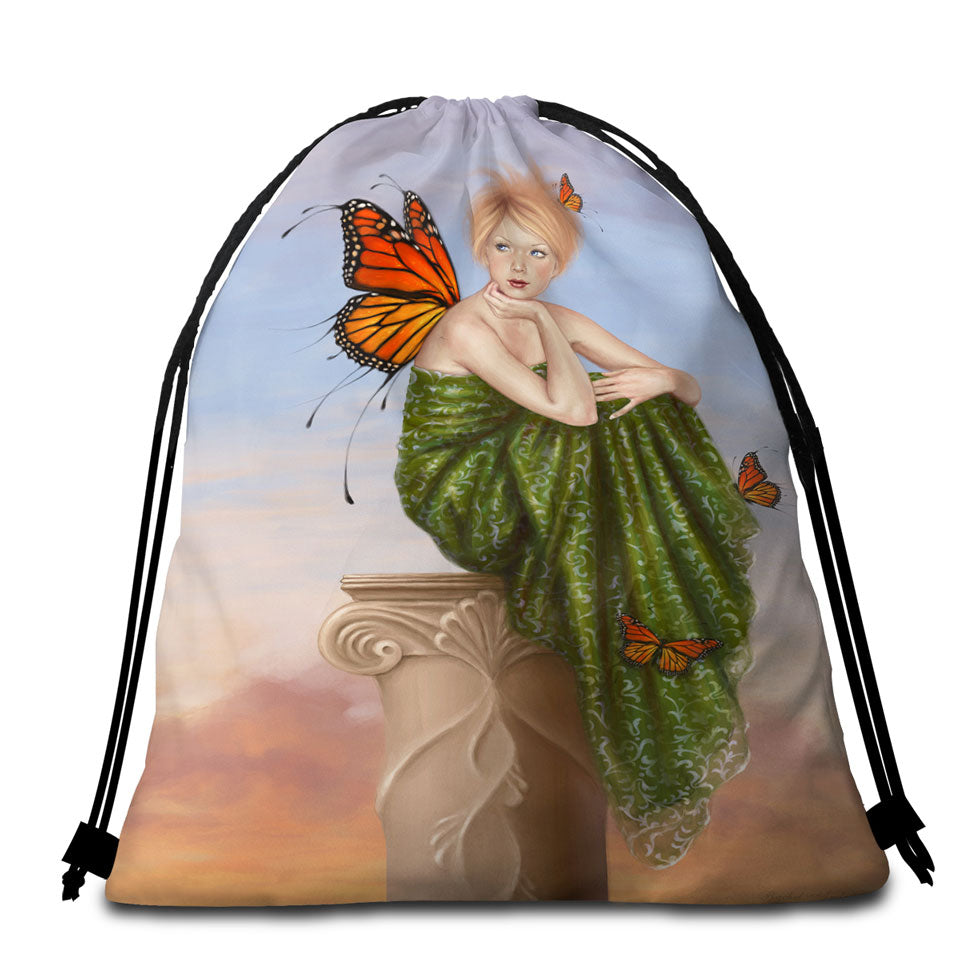Packable Beach Towel with Art Painting Sunrise Butterfly Girl