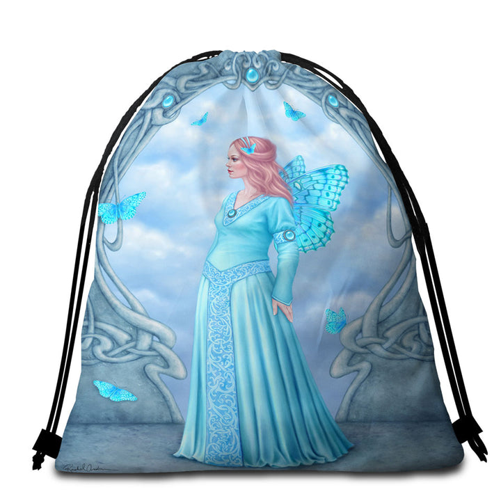 Packable Beach Towel with Butterflies and Blue Aquamarine Butterfly Girl