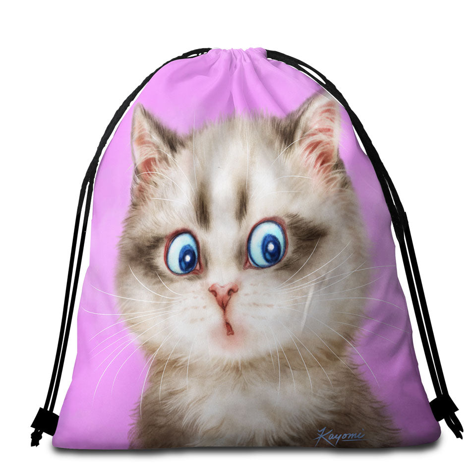 Packable Beach Towel with Cats Cute and Funny Faces Amazed Kitten