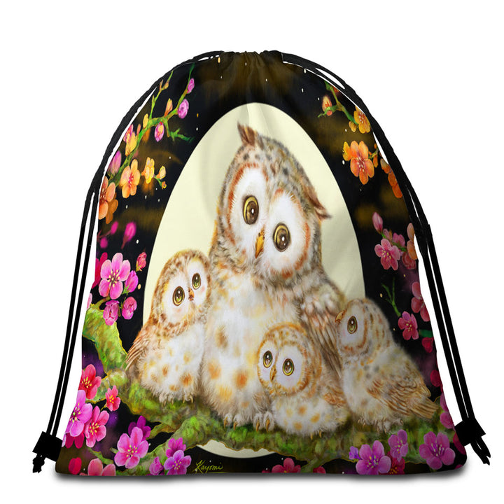 Packable Beach Towel with Flowers and Moonlight Lullaby Cute Owl Family