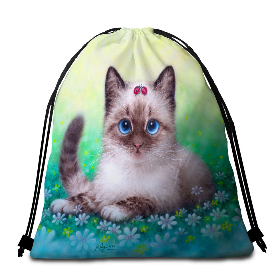 Packable Beach Towel with Stunning Cat Painting Ladybugs and Kitten
