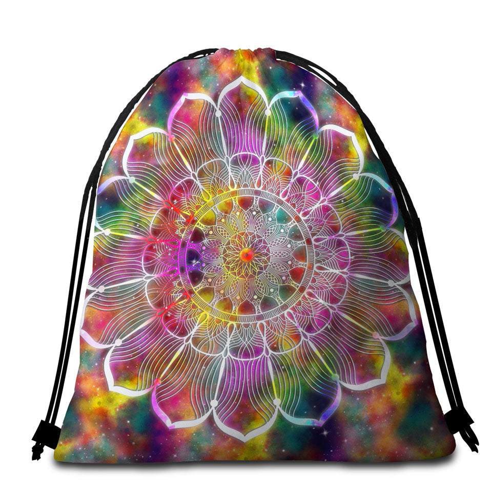 Packable Beach Towel with White Flower Mandala over Colorful Space