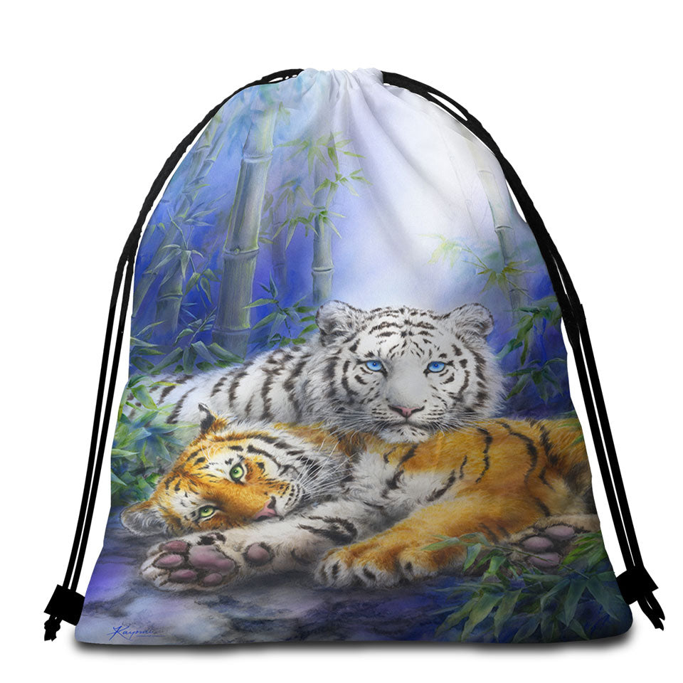 Painted Art Orange and White Tigers Beach Towels and Bags Set