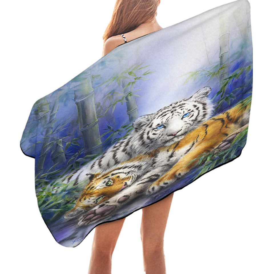 Painted Art Orange and White Tigers Beach Towels