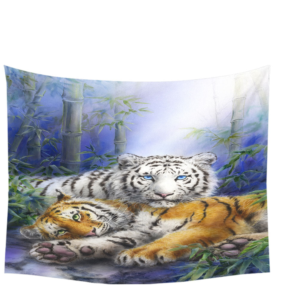 Painted Art Orange and White Tigers Tapestry