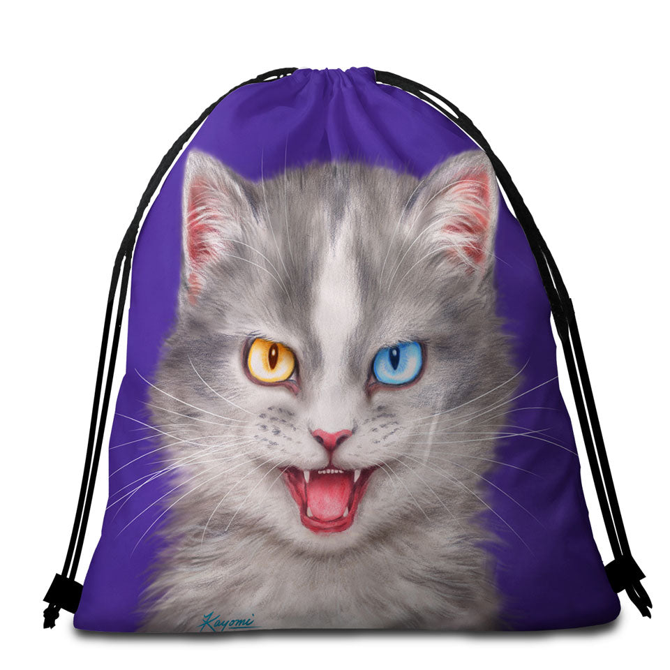 Painted Beach Towel Bags Cats Heterochromia Eyes Grey Cat