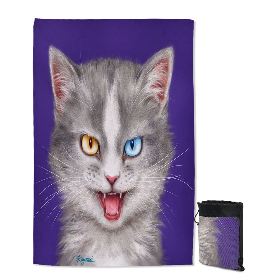 Painted Big Beach Towels Cats Heterochromia Eyes Grey Cat