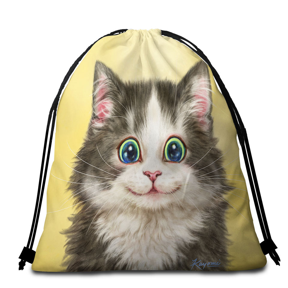 Painted Cats on Beach Towel Bags Cute Happy Smiling Kitty Cat