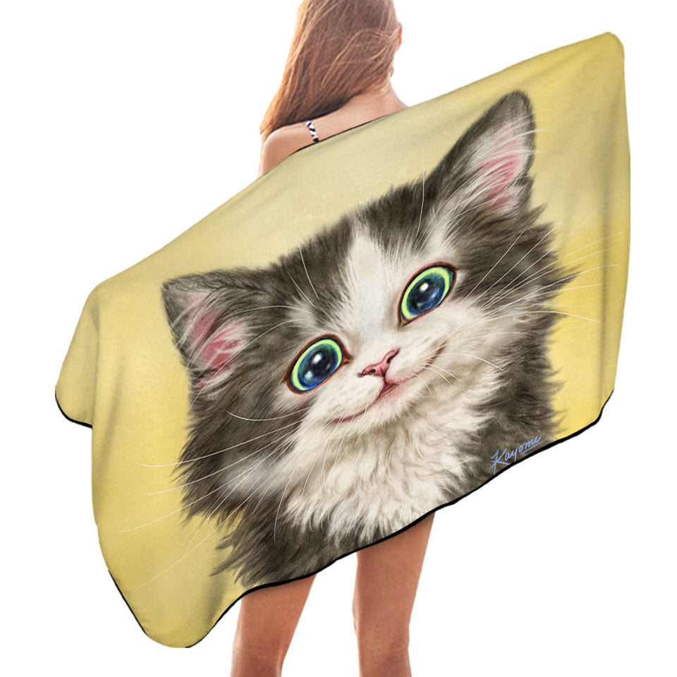 Painted Cats on Beach Towels Cute Happy Smiling Kitty Cat