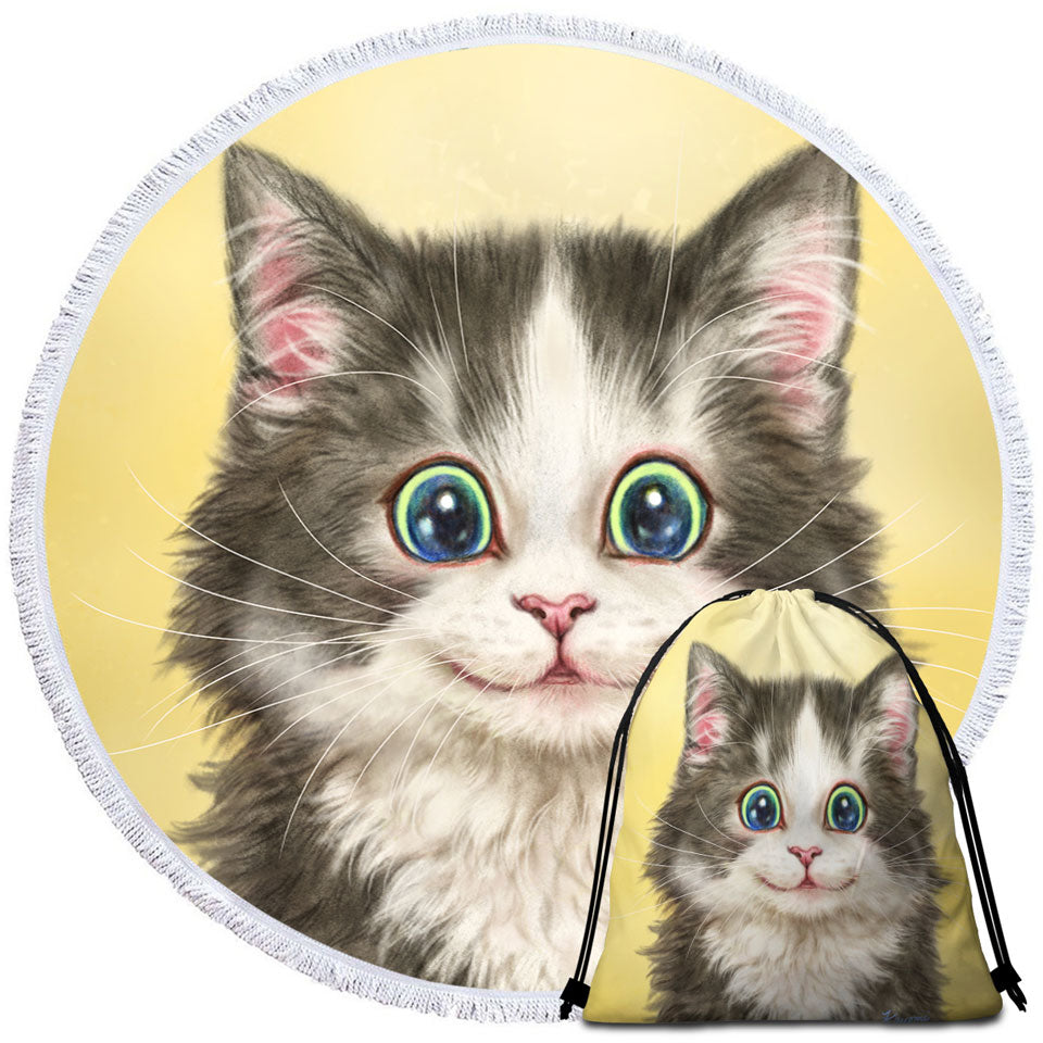 Painted Cats on Circle Beach Towel Cute Happy Smiling Kitty Cat