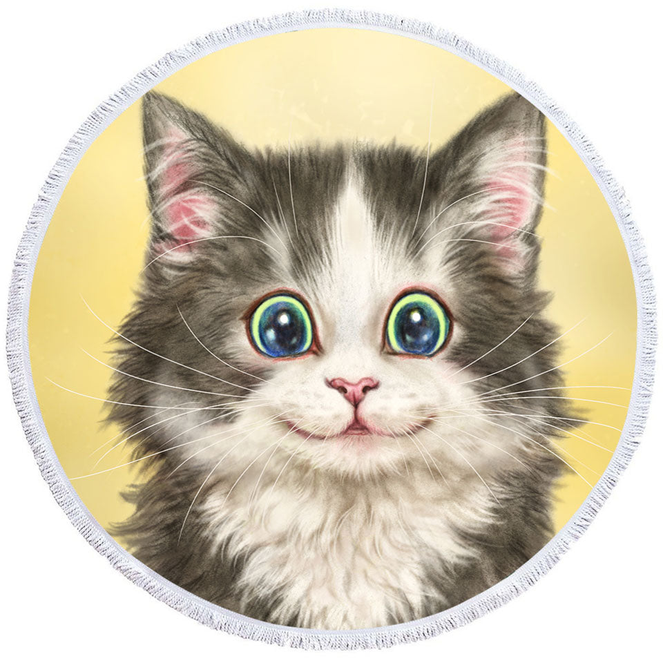 Painted Cats on Round Beach Towel Cute Happy Smiling Kitty Cat