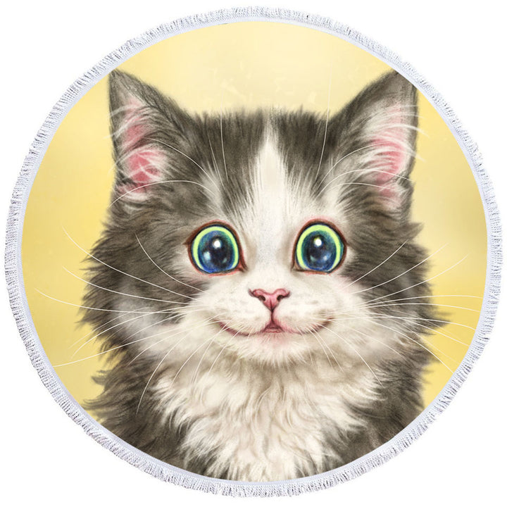 Painted Cats on Round Beach Towel Cute Happy Smiling Kitty Cat