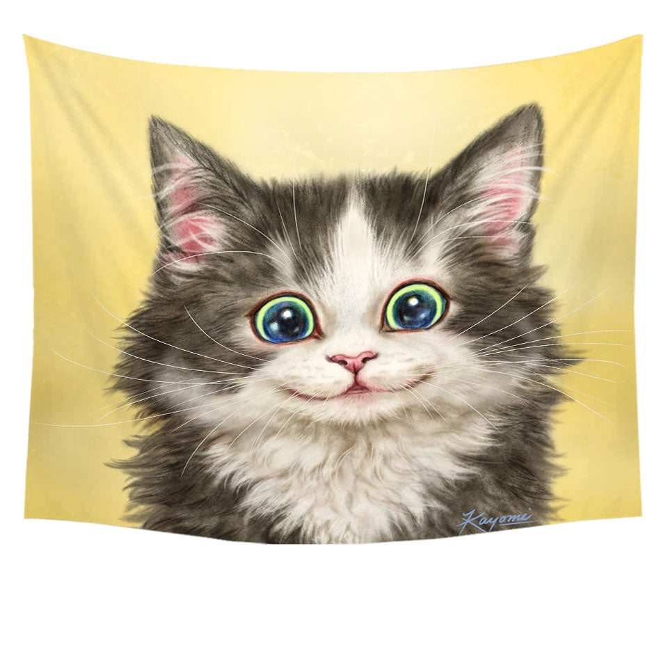 Painted Cats on Wall Decor Tapestries Cute Happy Smiling Kitty Cat