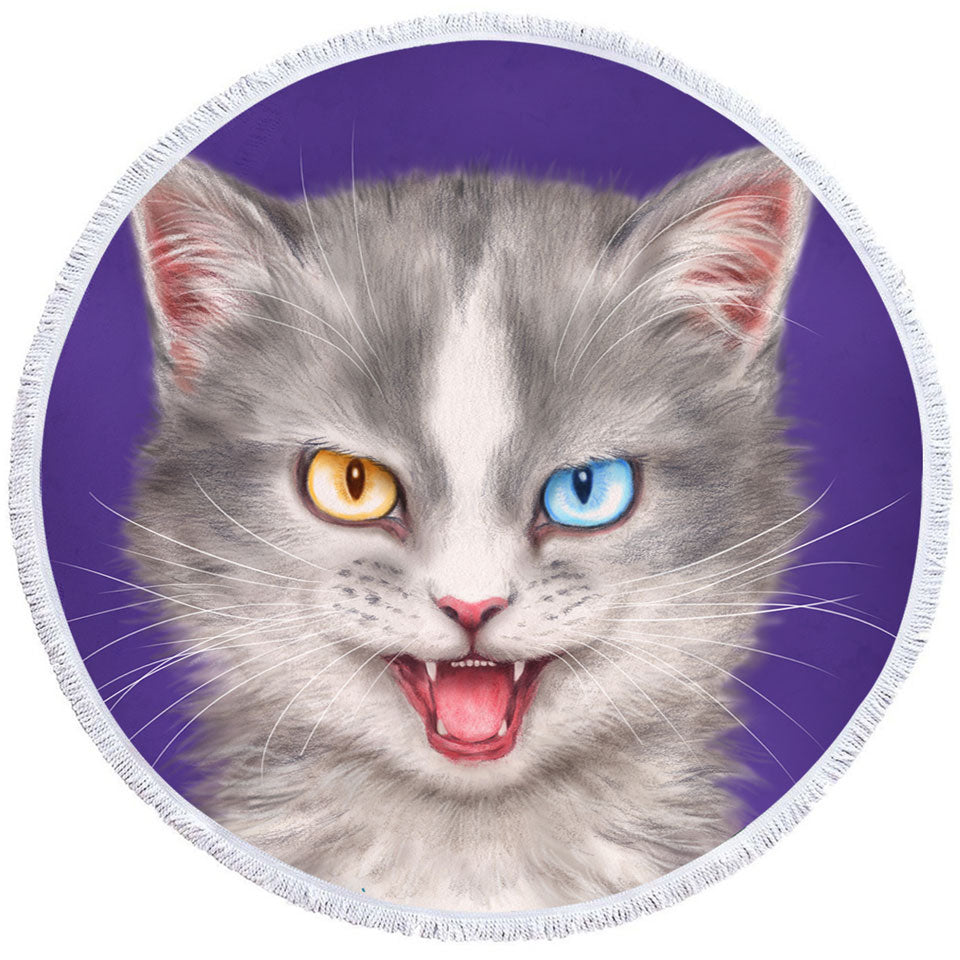 Painted Circle Beach Towel Cats Heterochromia Eyes Grey Cat