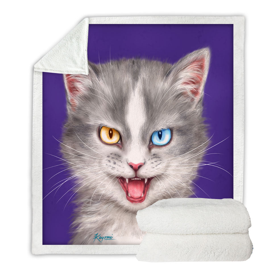 Painted Decorative Blankets Cats Heterochromia Eyes Grey Cat