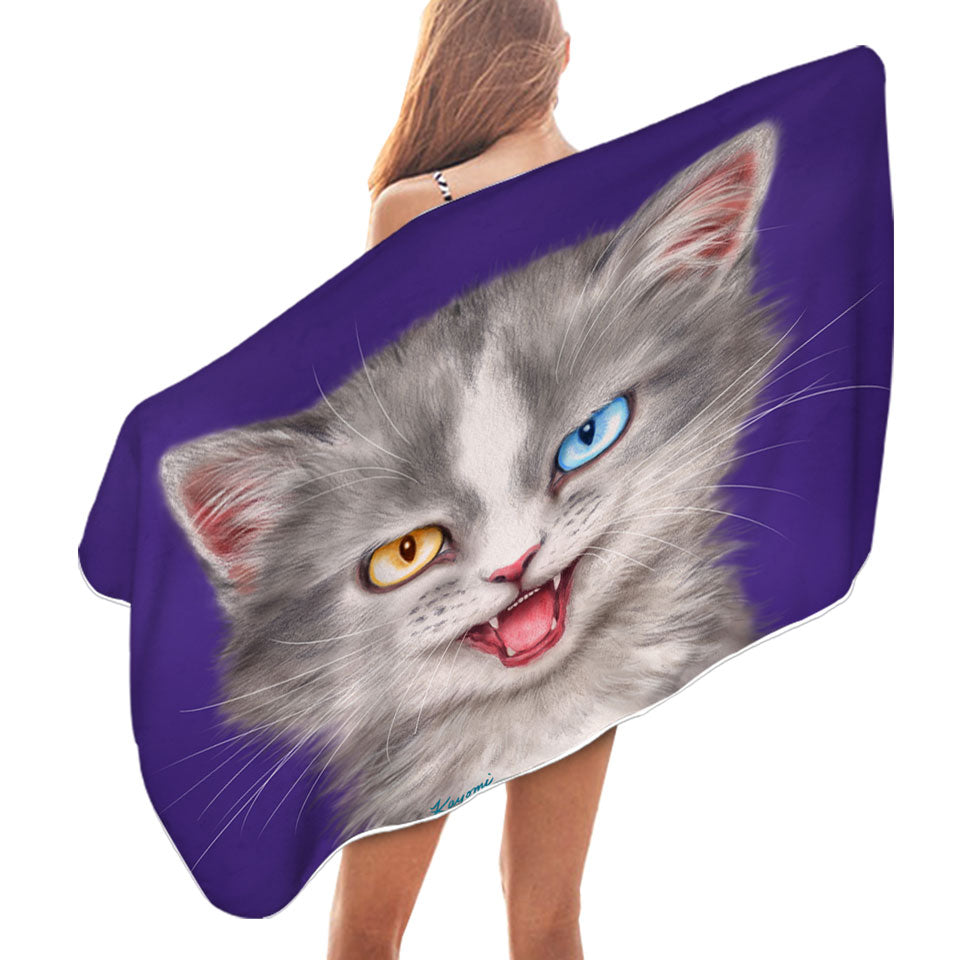 Painted Pool Towels Cats Heterochromia Eyes Grey Cat