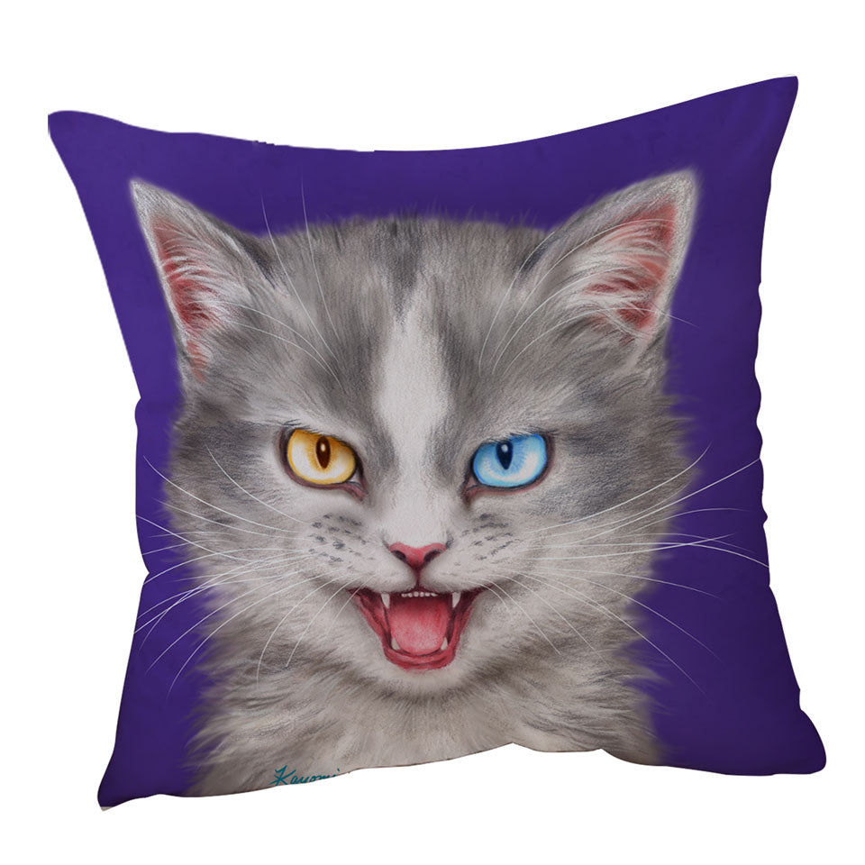Painted Throw Pillow Cover with Cats Heterochromia Eyes Grey Cat