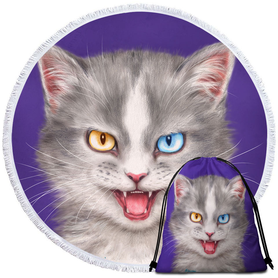 Painted Travel Beach Towel Cats Heterochromia Eyes Grey Cat